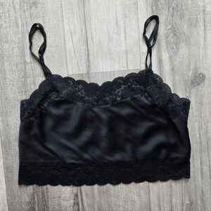 Black Silk Lace Trim Cropped Cami Top Size Large